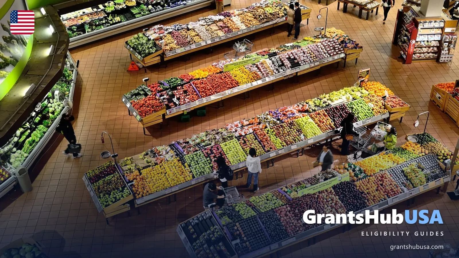 Overhead view of a supermarket produce section with rows of fresh fruit and vegetables that SNAP benefits can buy